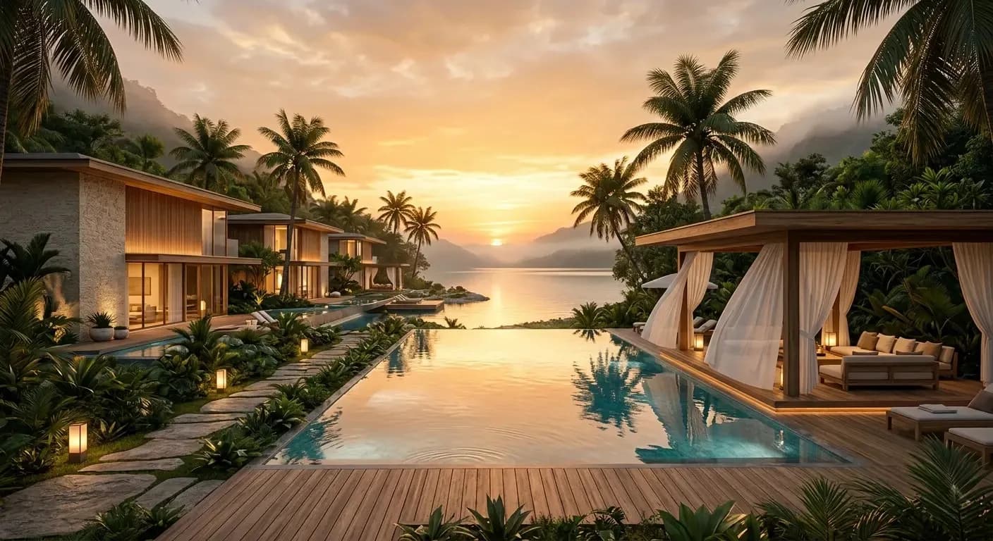 Placeholder stock photo of a resort-style clubhouse and pool setting